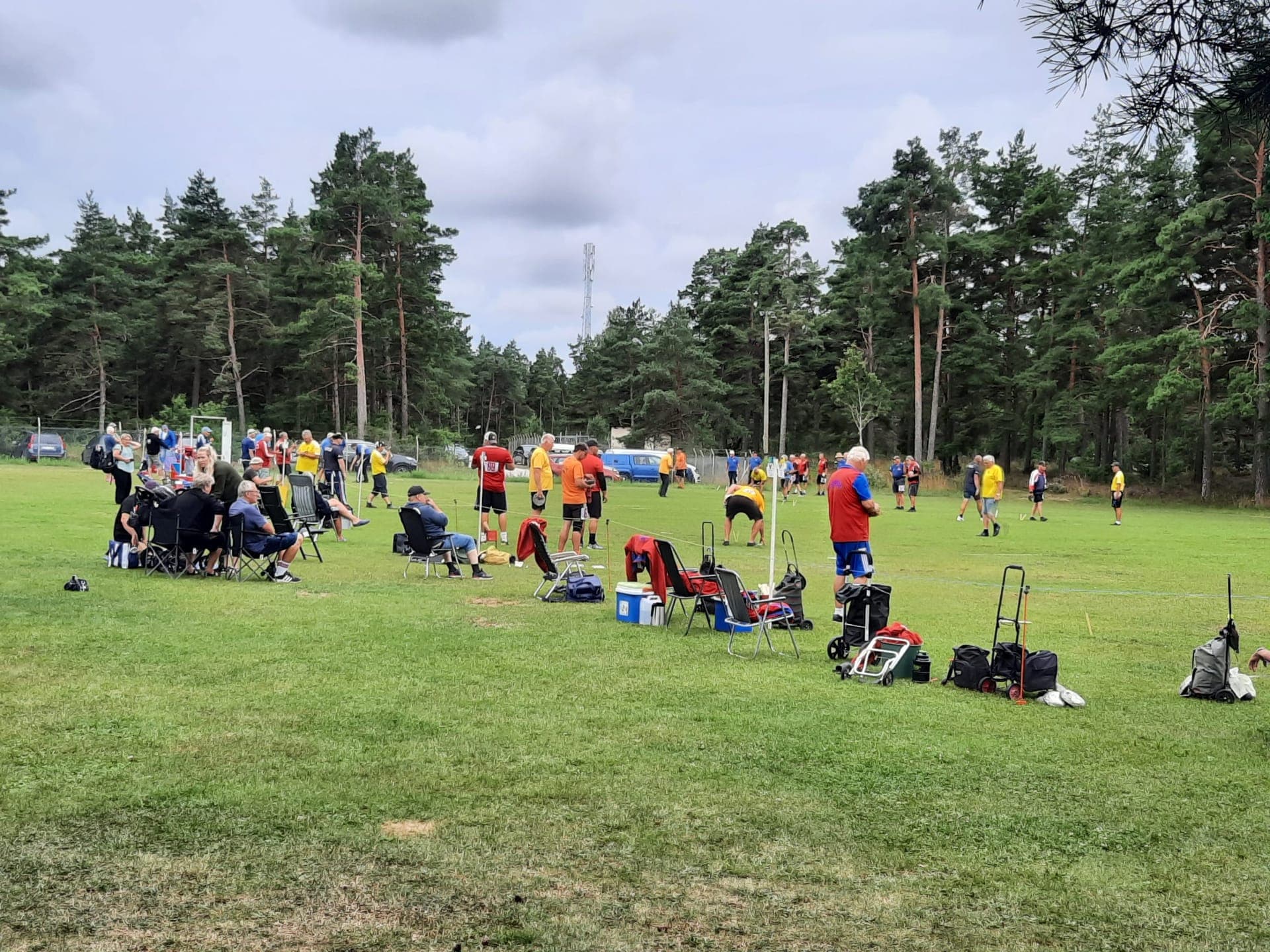 Översiktsbild från en varpatävling på Stångmalmen, Gotland — spelare kastar varpor på den gröna gräsplanen